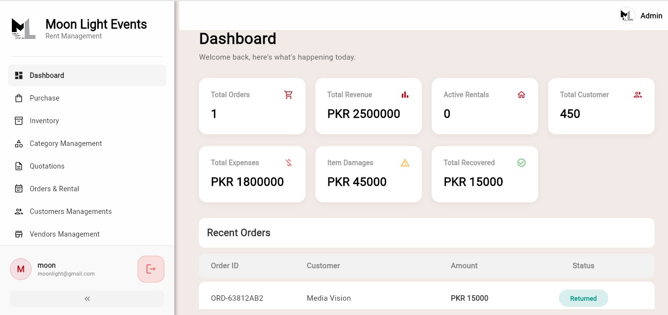 Moon Light Events rent management dashboard interface